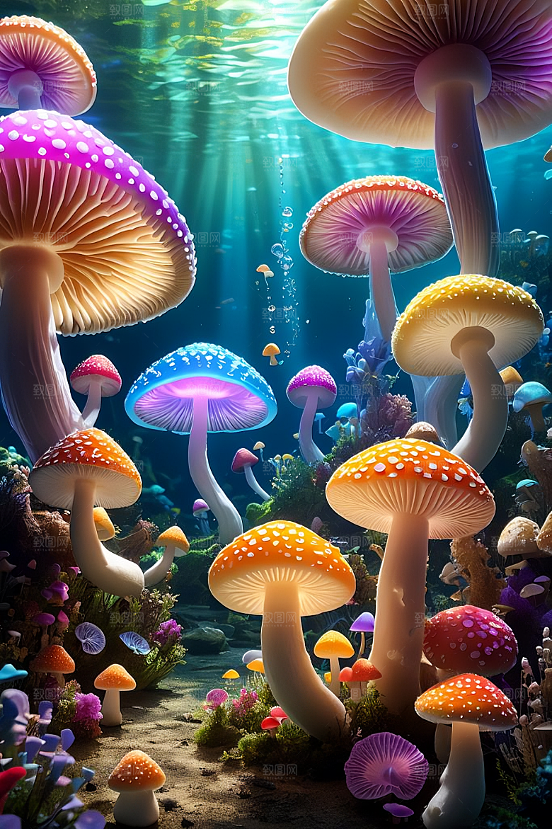 海底世界的蘑菇盛宴梦幻的蘑菇灯笼彩虹