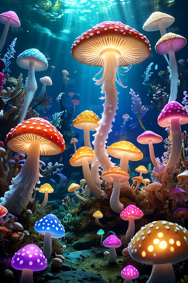 海底世界的蘑菇盛宴梦幻的蘑菇灯笼彩虹