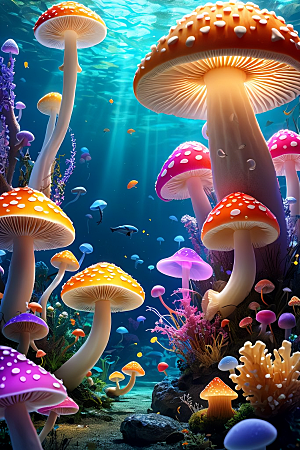 海底世界的蘑菇盛宴梦幻的蘑菇灯笼彩虹