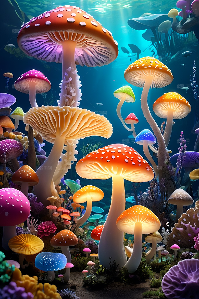 海底世界的蘑菇盛宴梦幻的蘑菇灯笼彩虹