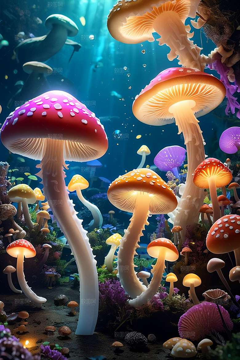 海底世界的蘑菇盛宴梦幻的蘑菇灯笼彩虹