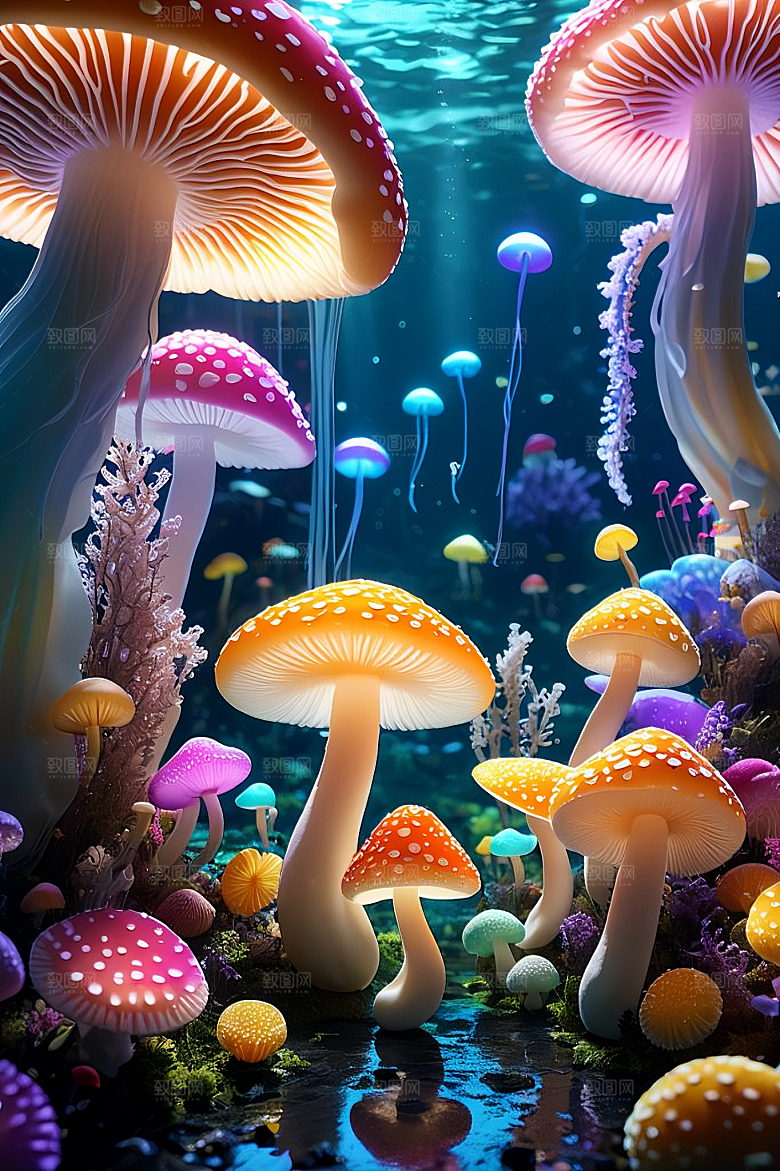 海底世界的蘑菇盛宴梦幻的蘑菇灯笼彩虹