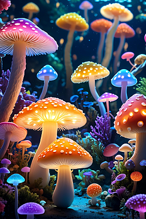海底世界的蘑菇盛宴梦幻的蘑菇灯笼彩虹