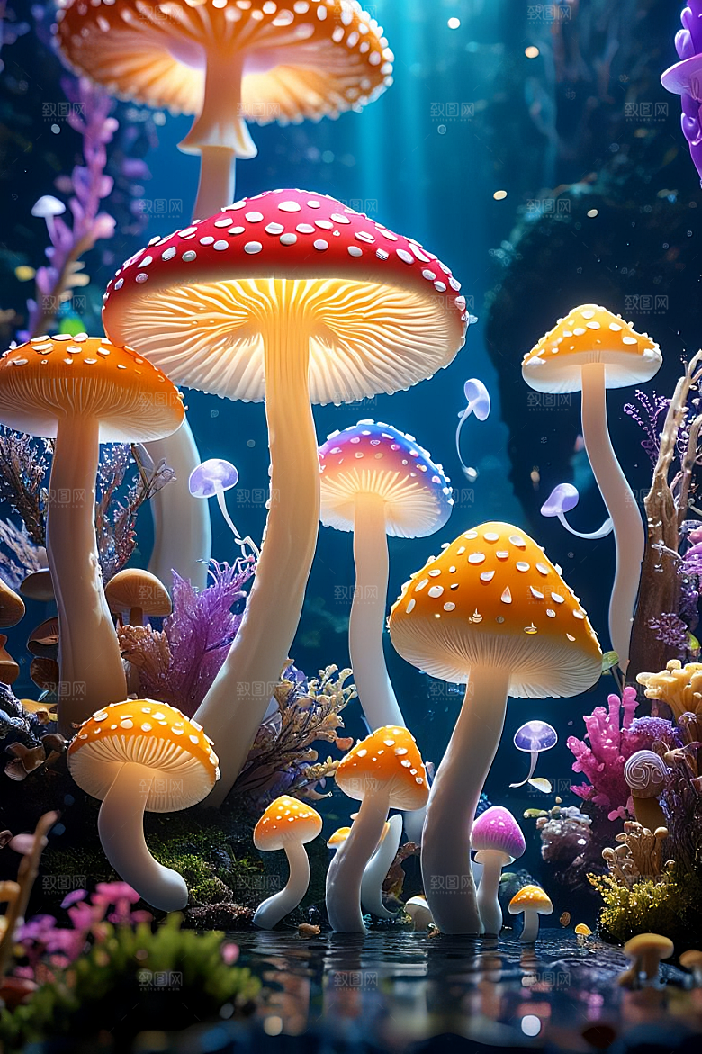 海底世界的蘑菇盛宴梦幻的蘑菇灯笼彩虹