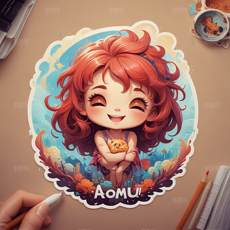 快乐澳牧插画卡通风格贴纸