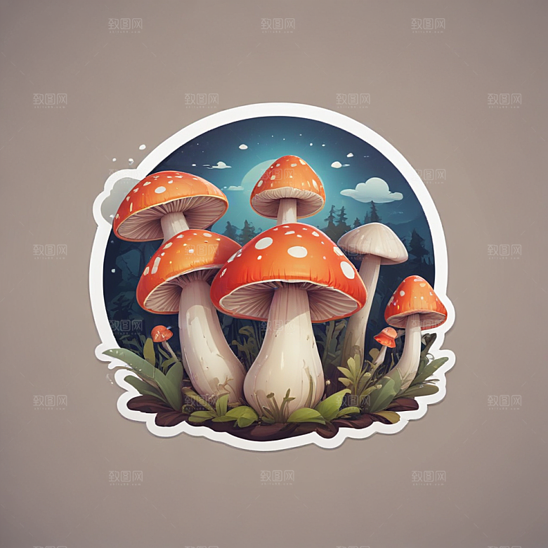 酷蘑菇插画卡通风格贴纸