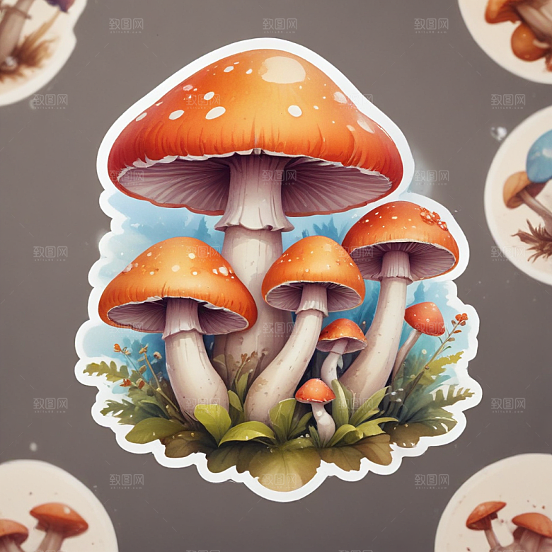 酷蘑菇插画卡通风格贴纸