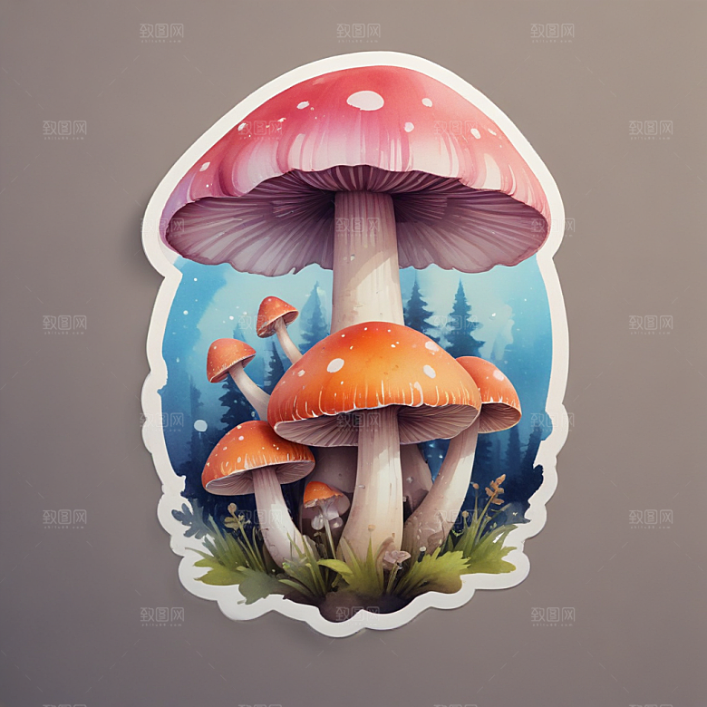 酷蘑菇插画卡通风格贴纸