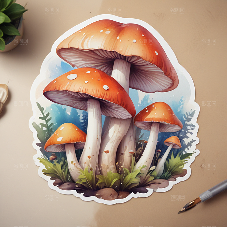 酷蘑菇插画卡通风格贴纸