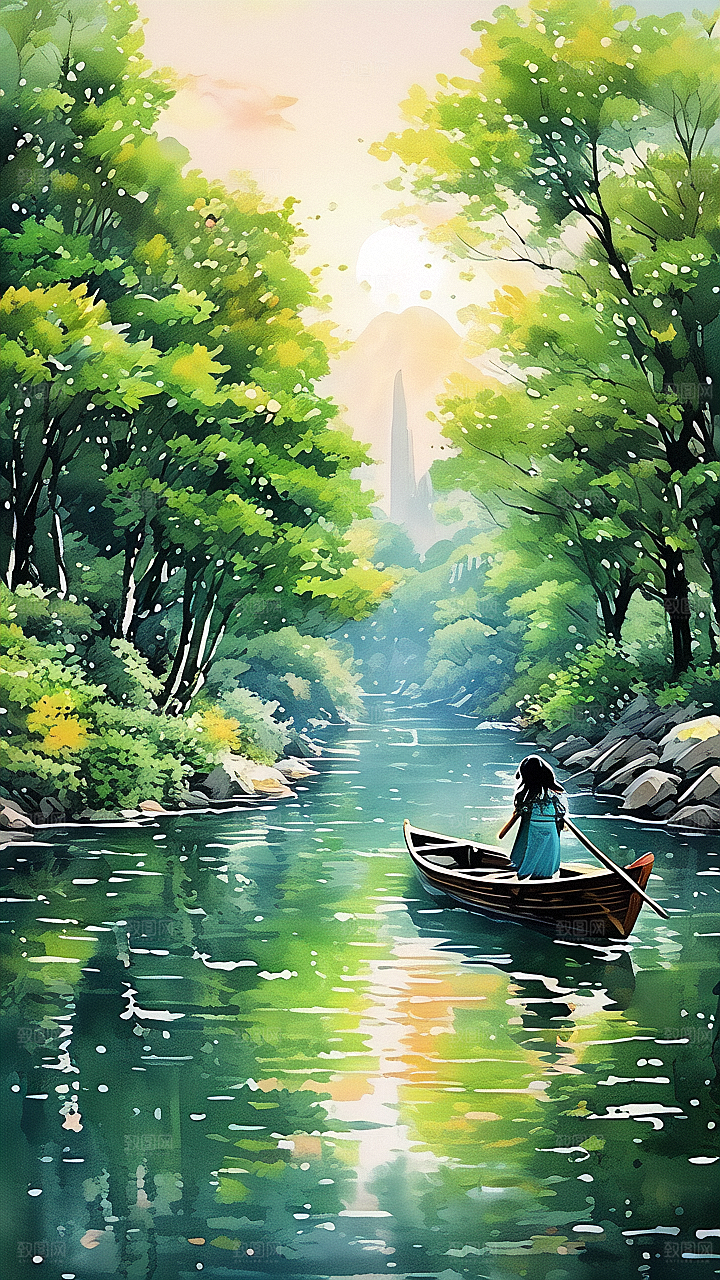 泛舟小河图片素材