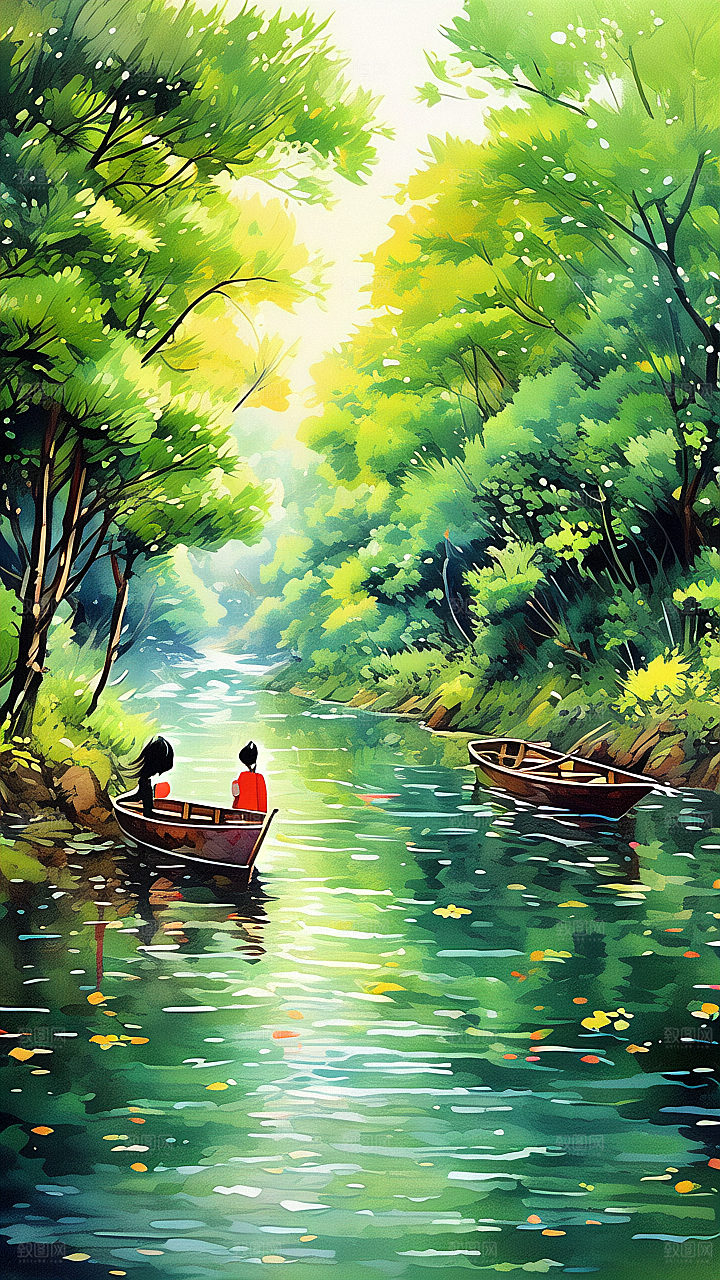 泛舟小河图片素材