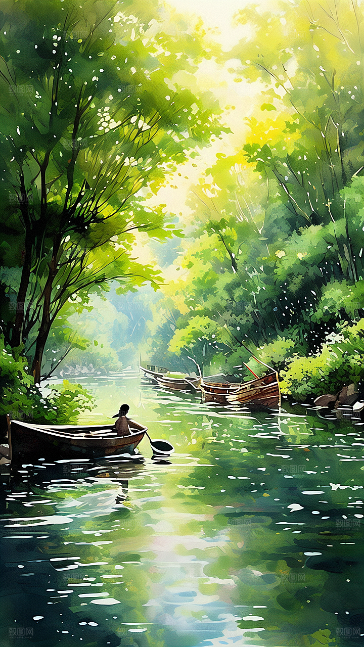 泛舟小河图片素材
