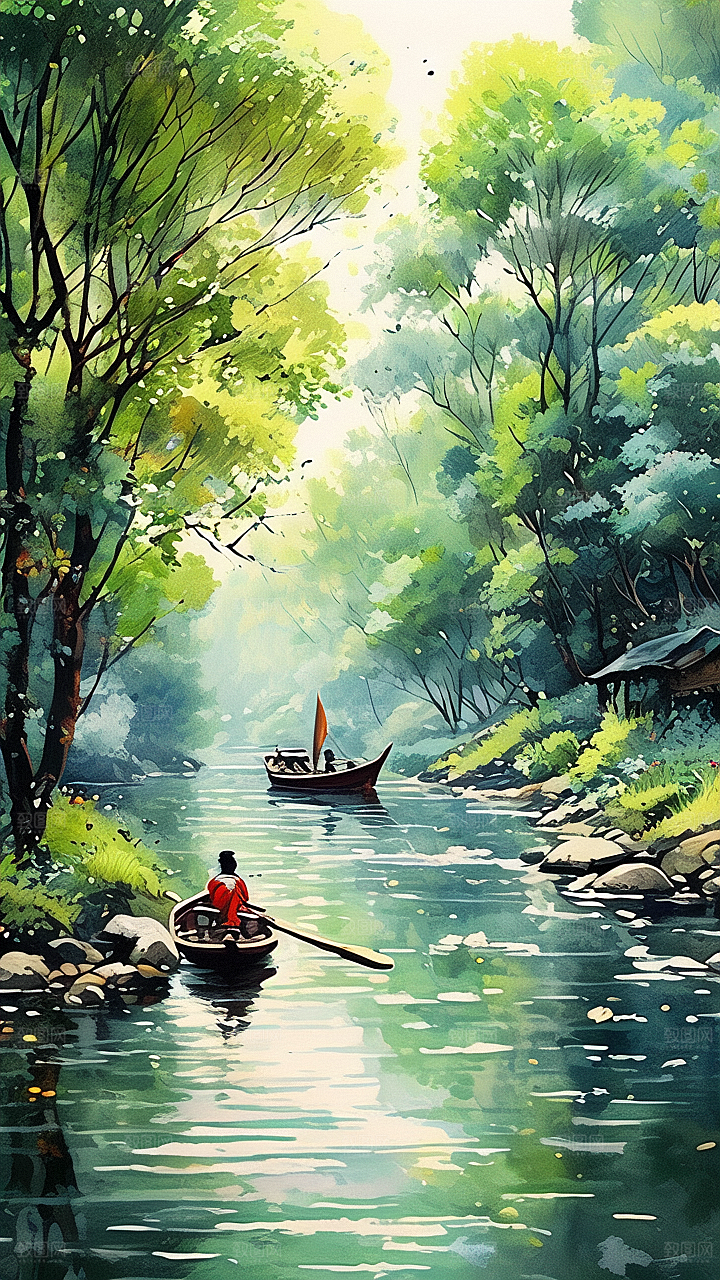 泛舟小河图片素材