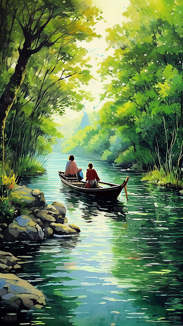 泛舟小河图片素材