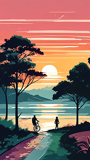 落日景色插画图片