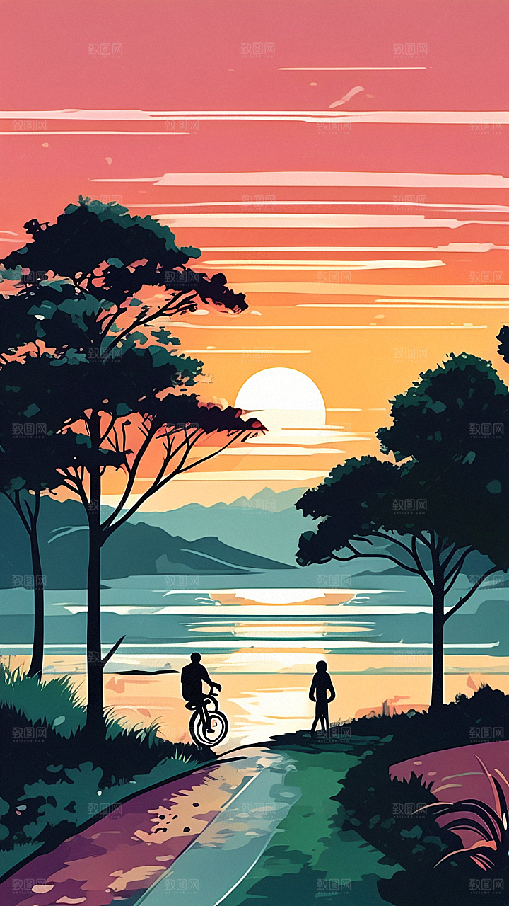 落日景色插画图片