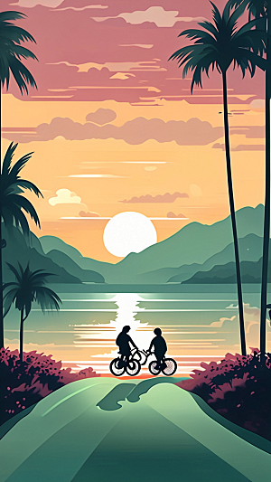 落日景色插画图片
