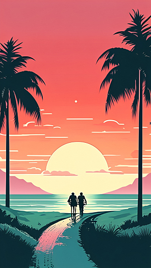落日景色插画图片
