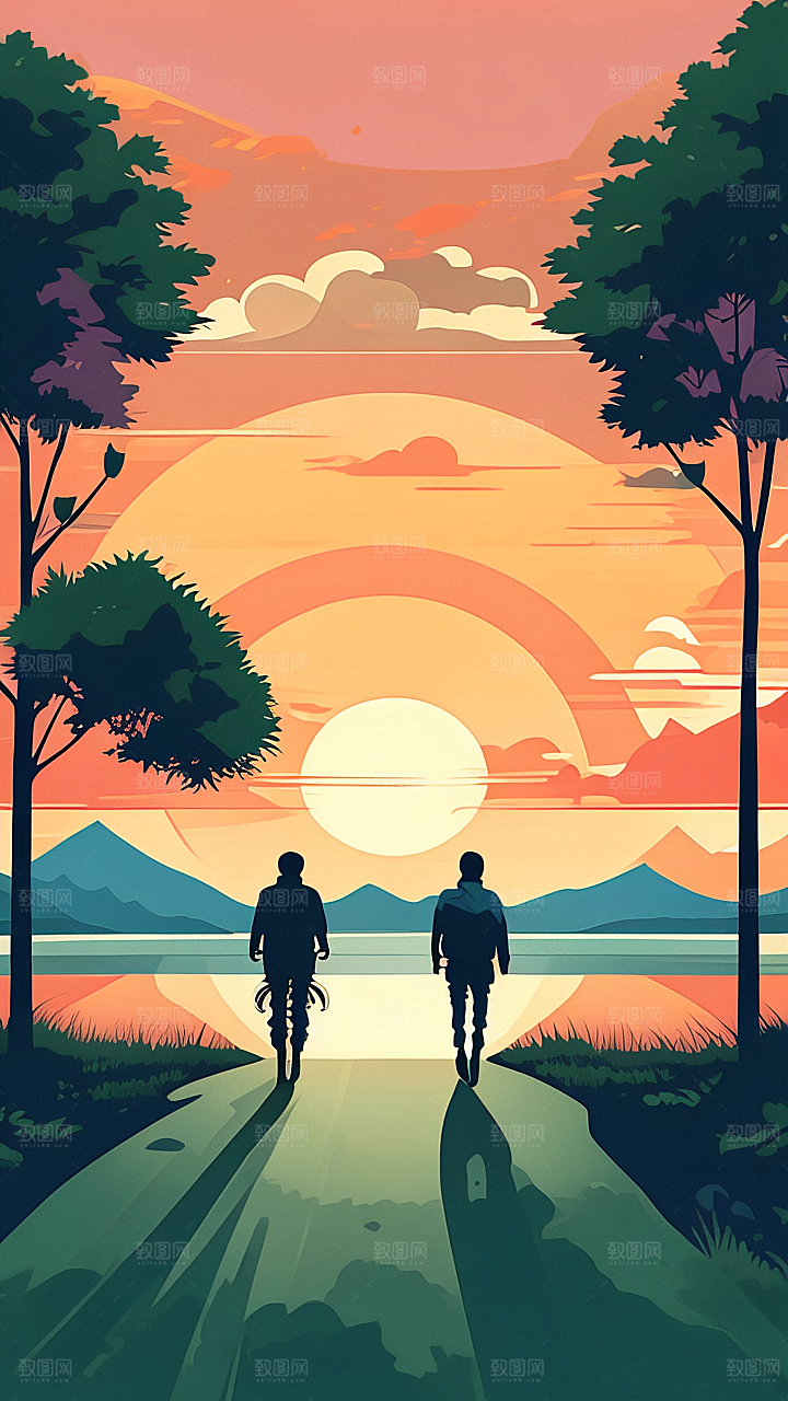 落日景色插画图片