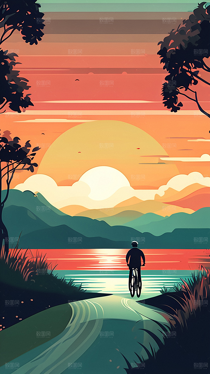 落日景色插画图片