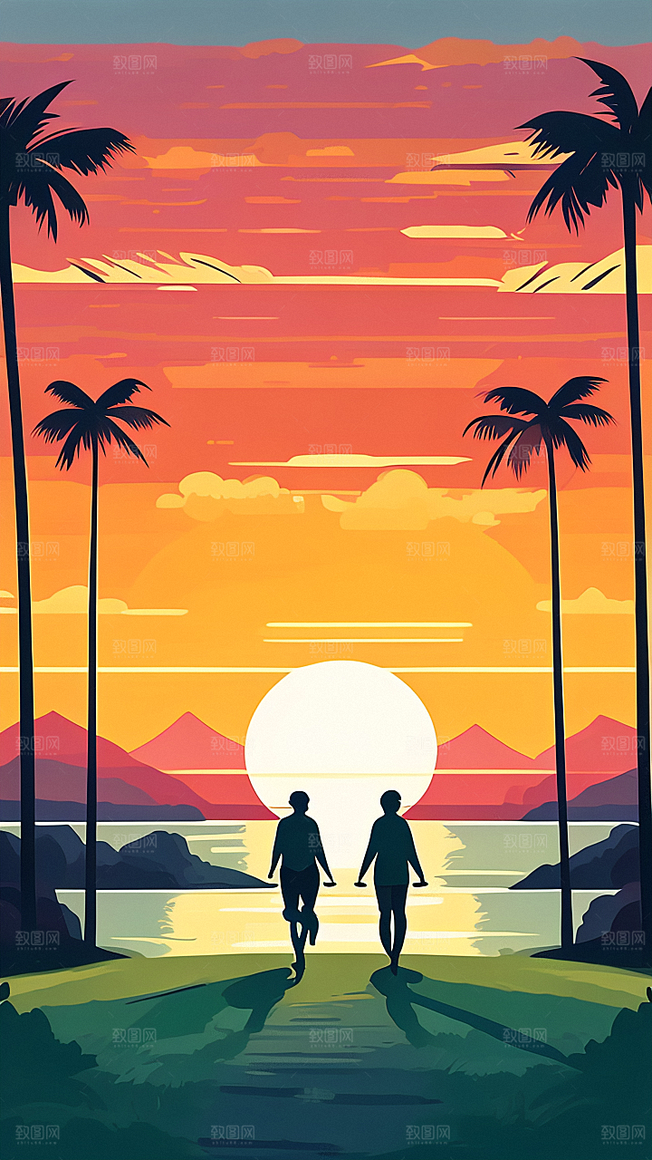 落日景色插画图片