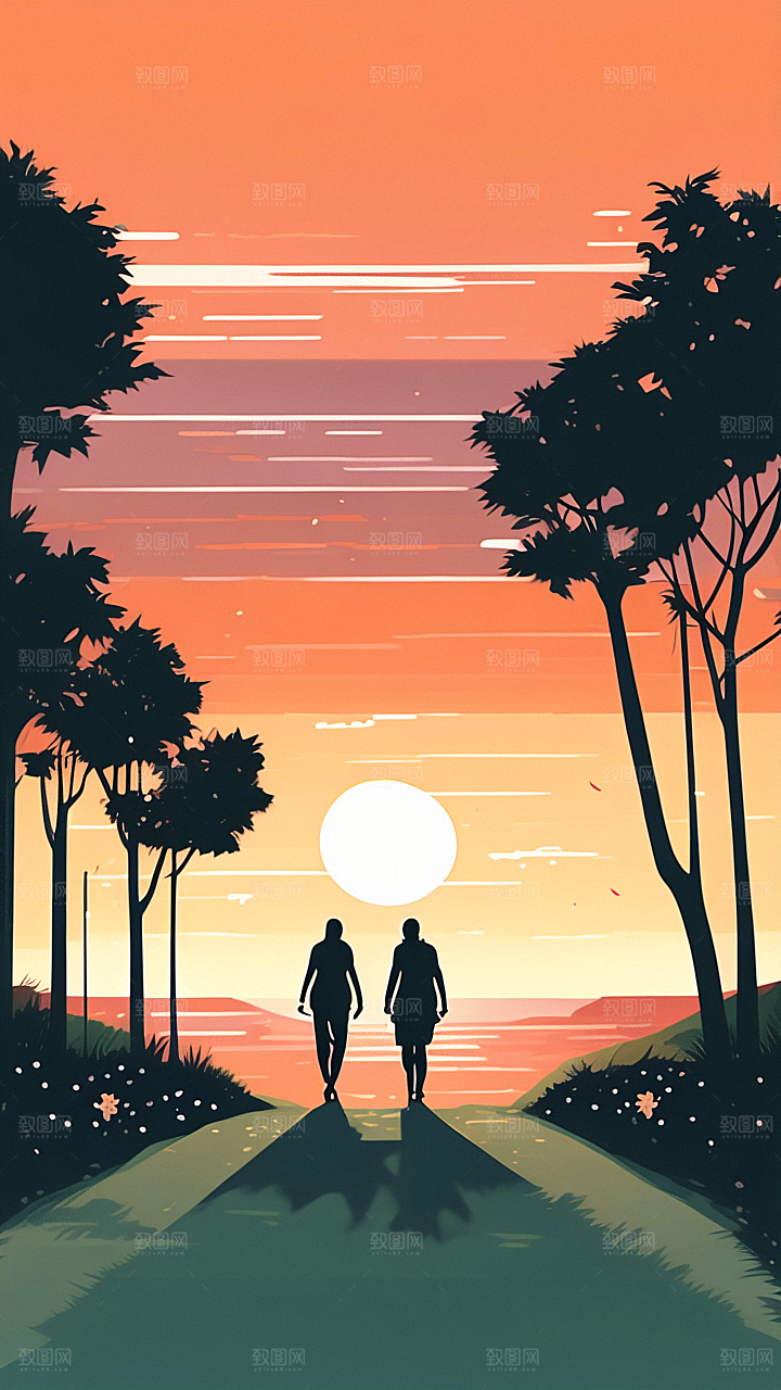 落日景色插画图片