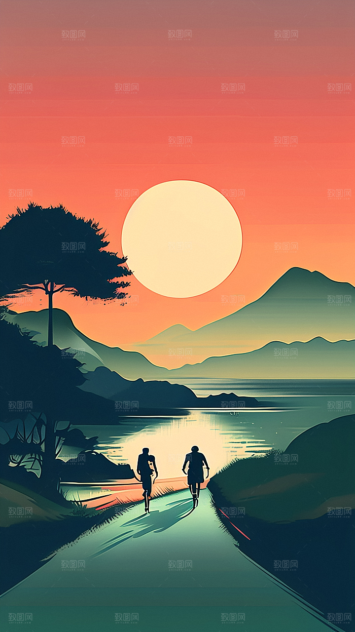 落日景色插画图片