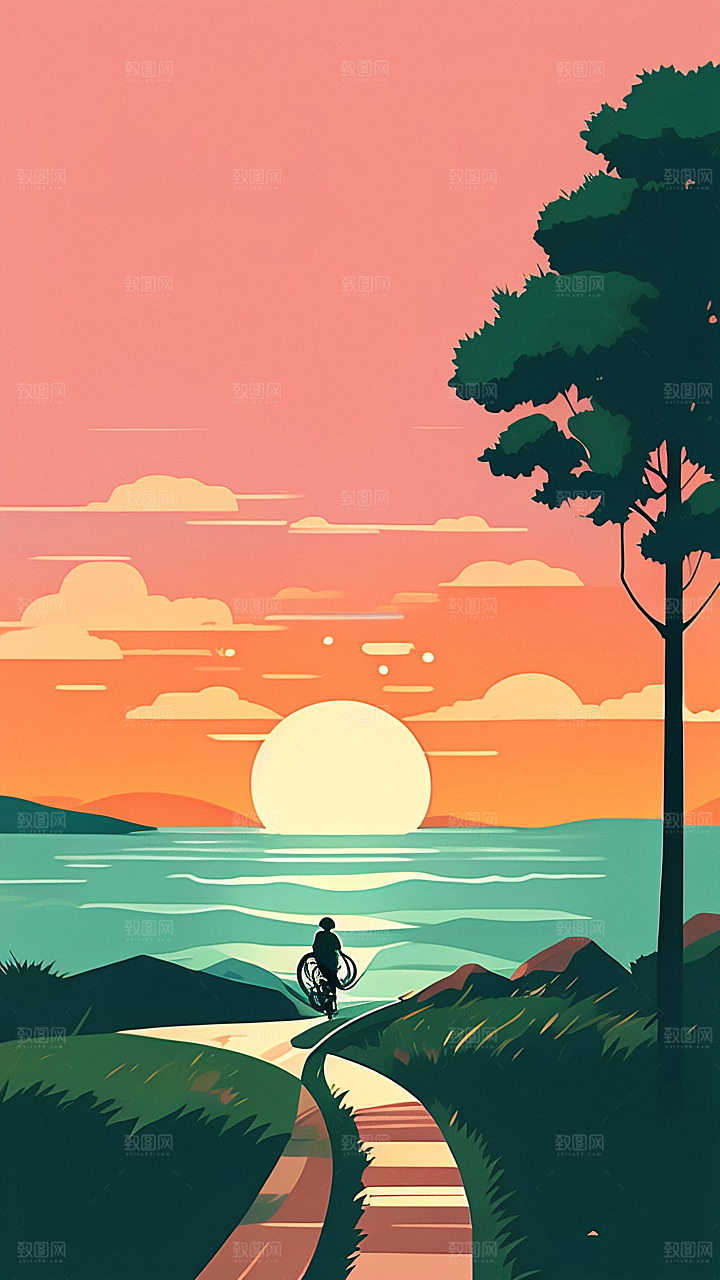 落日景色插画图片