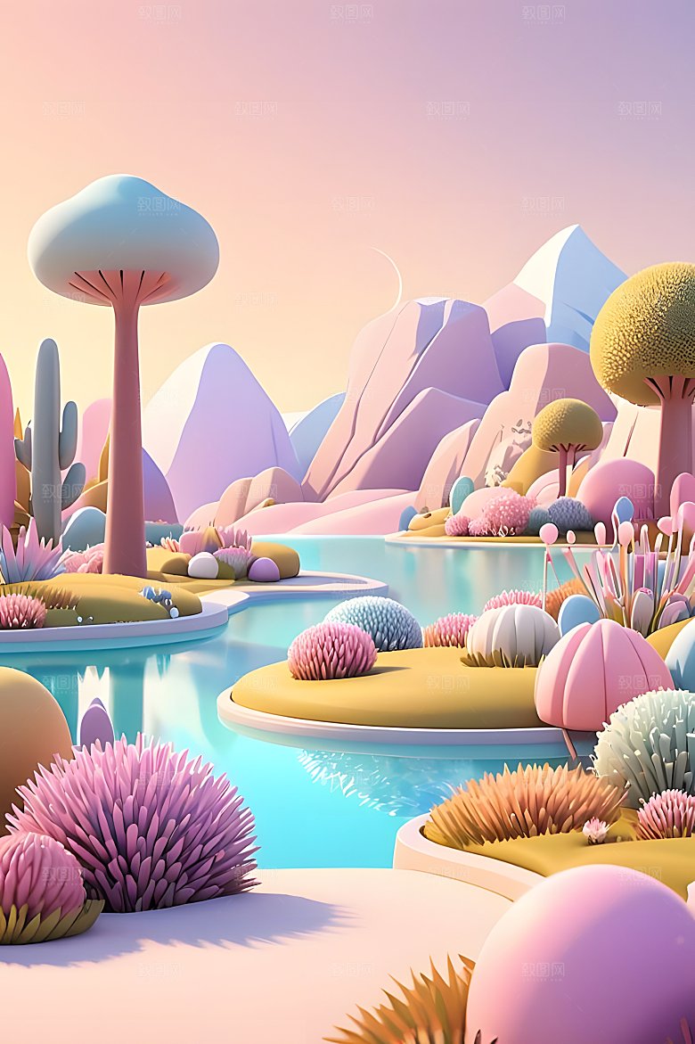 3D户外景观可爱的粉彩设计明亮的色