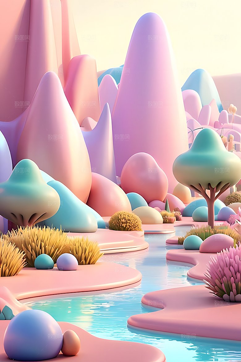 3D户外景观可爱的粉彩设计明亮的色