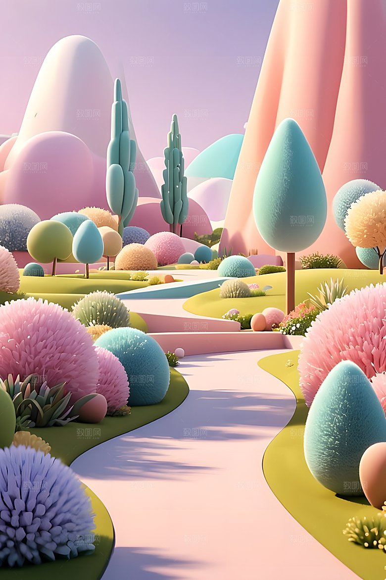 3D户外景观可爱的粉彩设计明亮的色