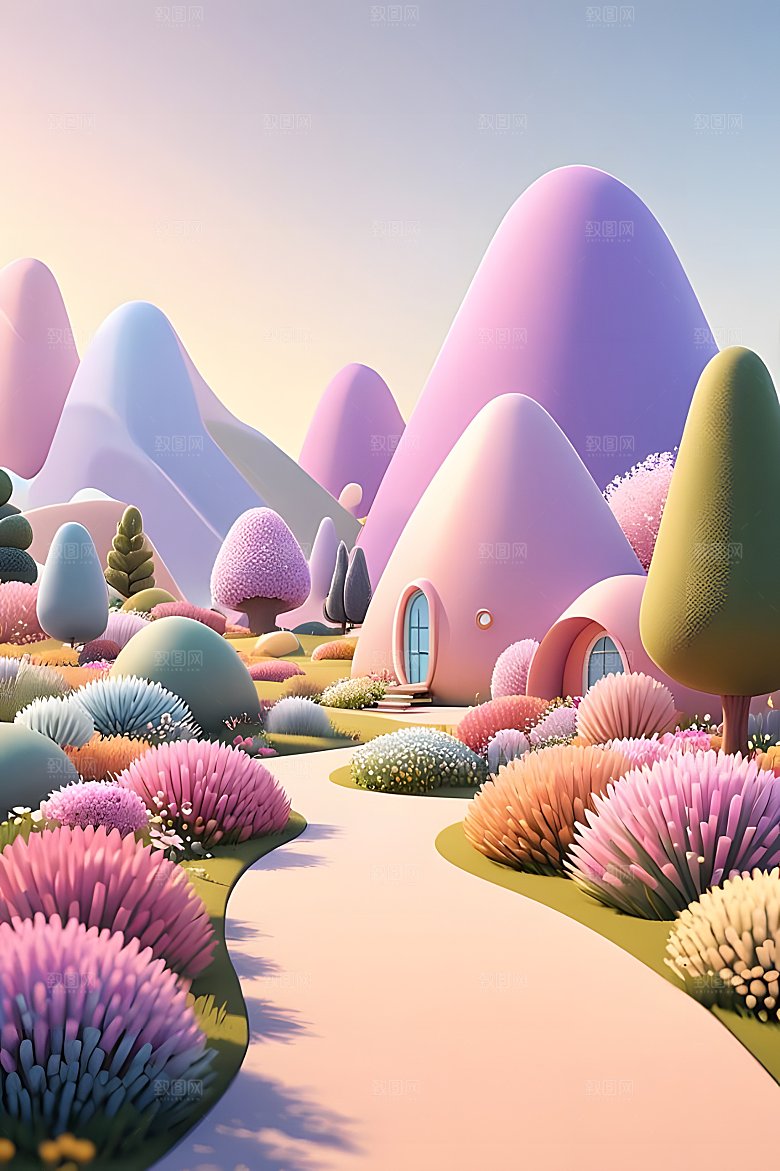 3D户外景观可爱的粉彩设计明亮的色