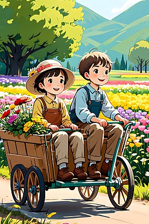 二次元两个孩子在户外坐在装满鲜花的推车