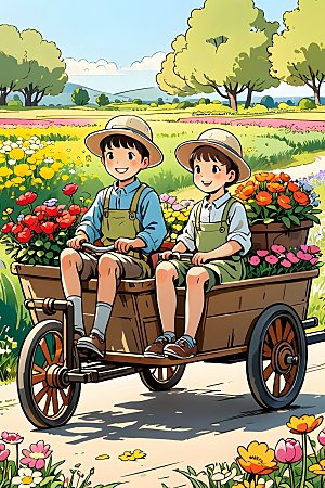 二次元两个孩子在户外坐在装满鲜花的推车