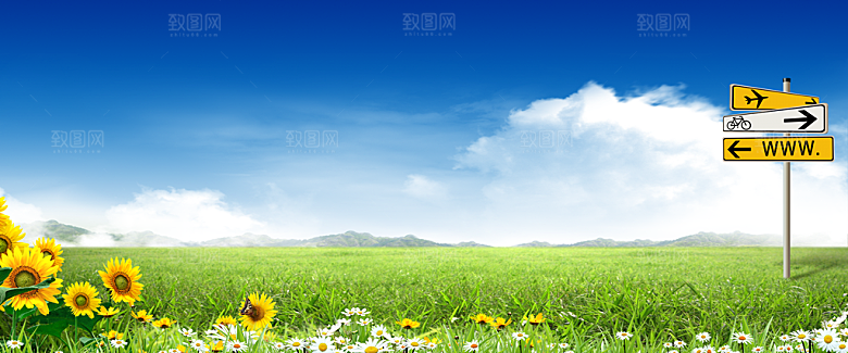 蓝天白云云朵绿色草地蓝色天空高清海报