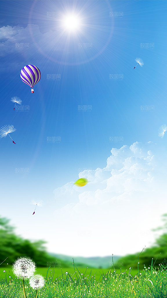 蓝天白云云朵绿色草地蓝色天空高清海报