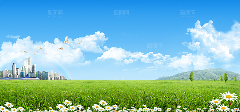 蓝天白云云朵绿色草地蓝色天空高清海报