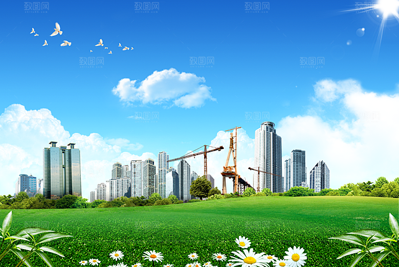 蓝天白云云朵绿色草地蓝色天空高清海报素材