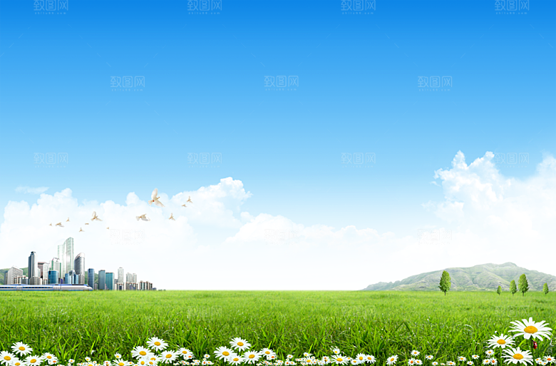 蓝天白云云朵绿色草地蓝色天空高清海报素材