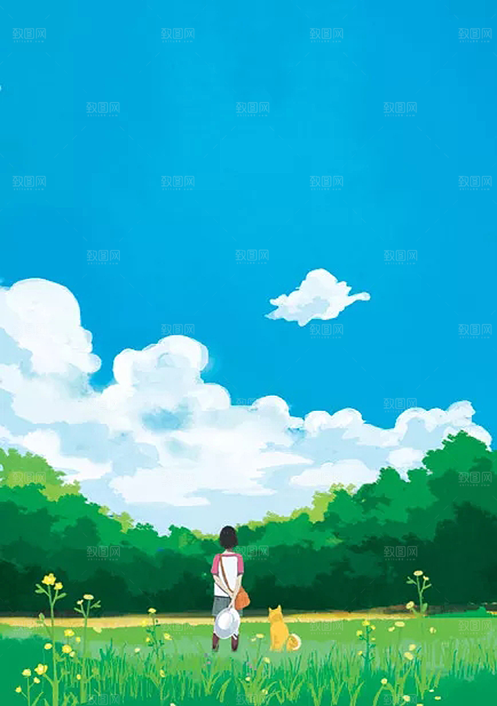 蓝天白云云朵绿色草地蓝色天空高清海报