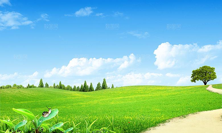 蓝天白云云朵绿色草地蓝色天空高清海报素材