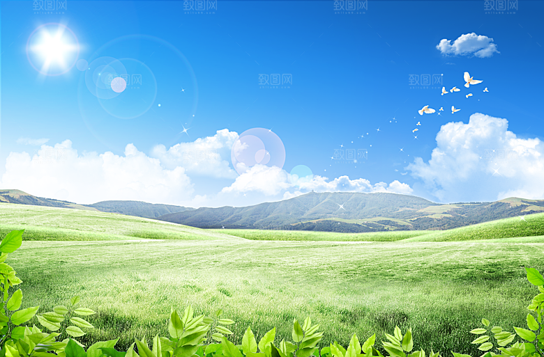 蓝天白云云朵绿色草地蓝色天空高清海报