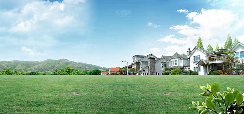 蓝天白云云朵绿色草地蓝色天空高清海报