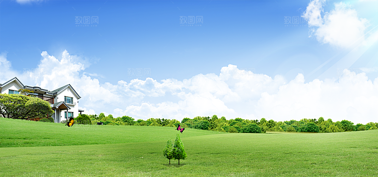 蓝天白云云朵绿色草地蓝色天空高清海报