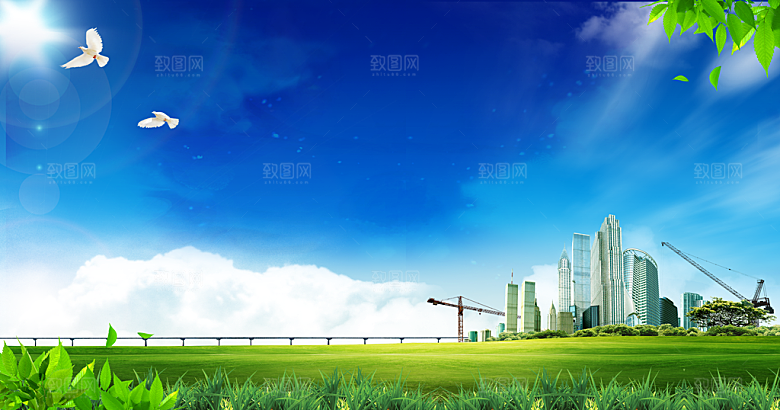 蓝天白云云朵绿色草地蓝色天空高清海报背景