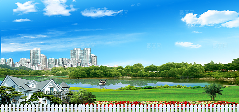 蓝天白云云朵绿色草地蓝色天空高清海报背景