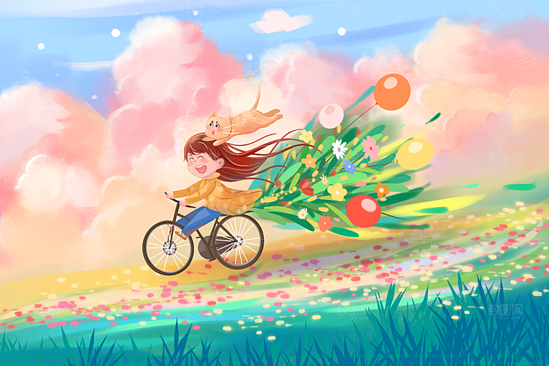 卡通可爱人物春夏出游田园风光插画