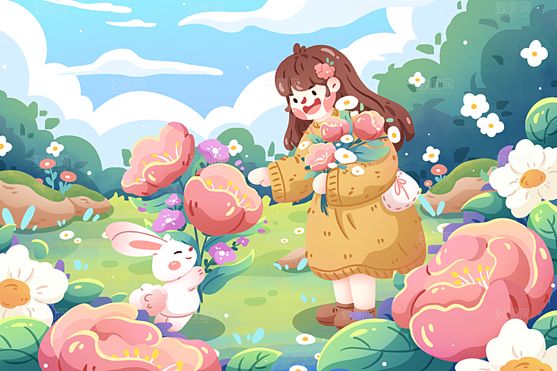 卡通可爱人物春夏出游田园风光插画