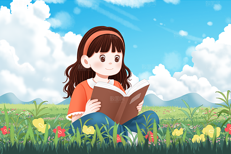 卡通可爱人物春夏出游田园风光插画