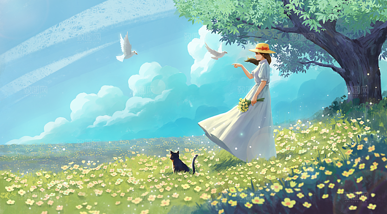 卡通可爱人物春夏出游田园风光插画